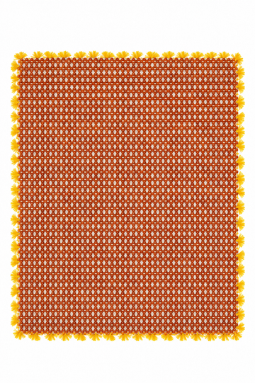 Orange rudraksha bead meditation mat with yellow tassel edges, hand-woven pattern