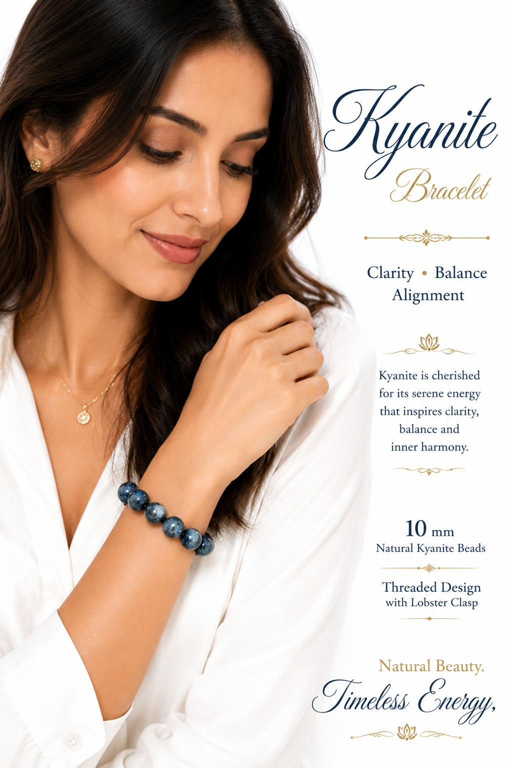 Natural Kyanite Bracelet for Women & Men - 10 mm Genuine Kyanite Gemstone Beads, Handcrafted Thread Bracelet with Gold Tone Lobster Clasp | Premium Crystal Jewelry | Gift for Everyday Wear