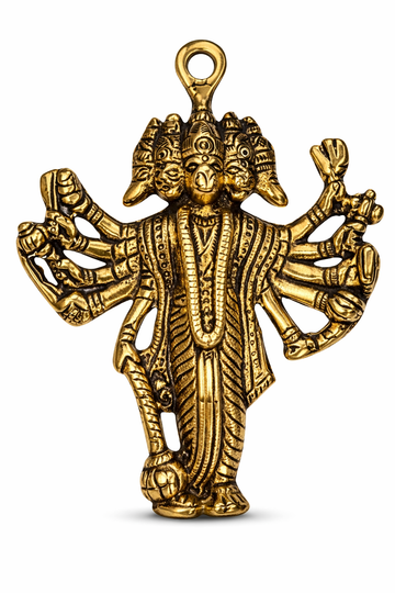 Panchmukhi Hanuman brass hanging idol, five-faced, arched hands, round loop top