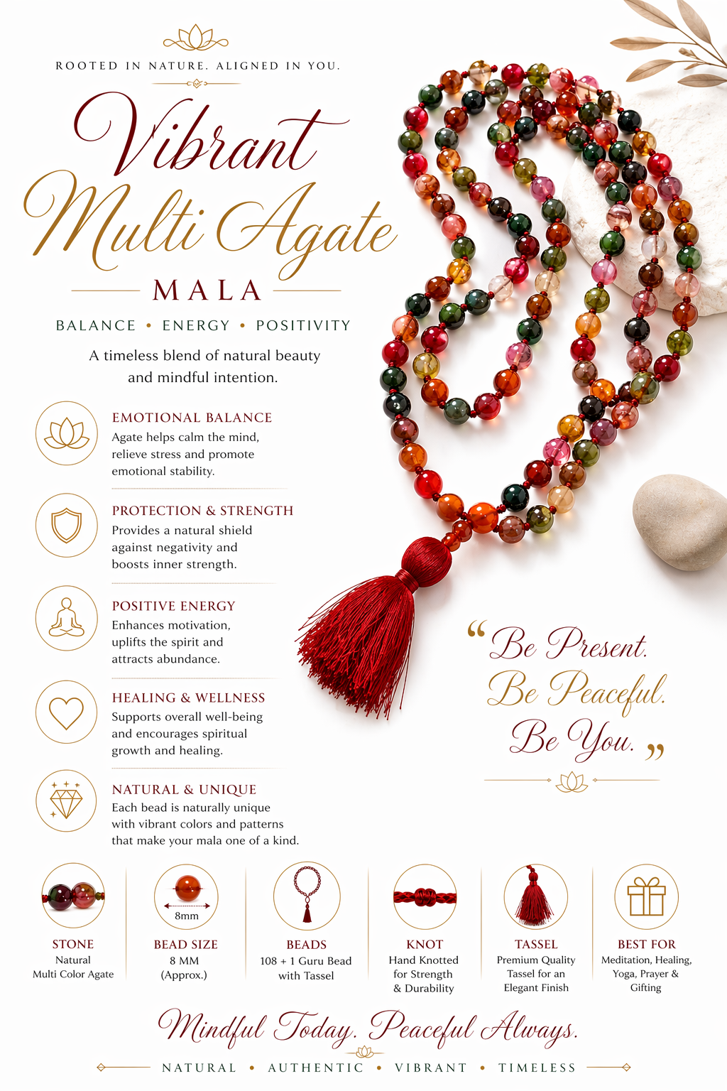 108 Beads Multi Color Agate Mala Necklace | Natural Gemstone Prayer Mala for Meditation Yoga Japa Japamala Unisex