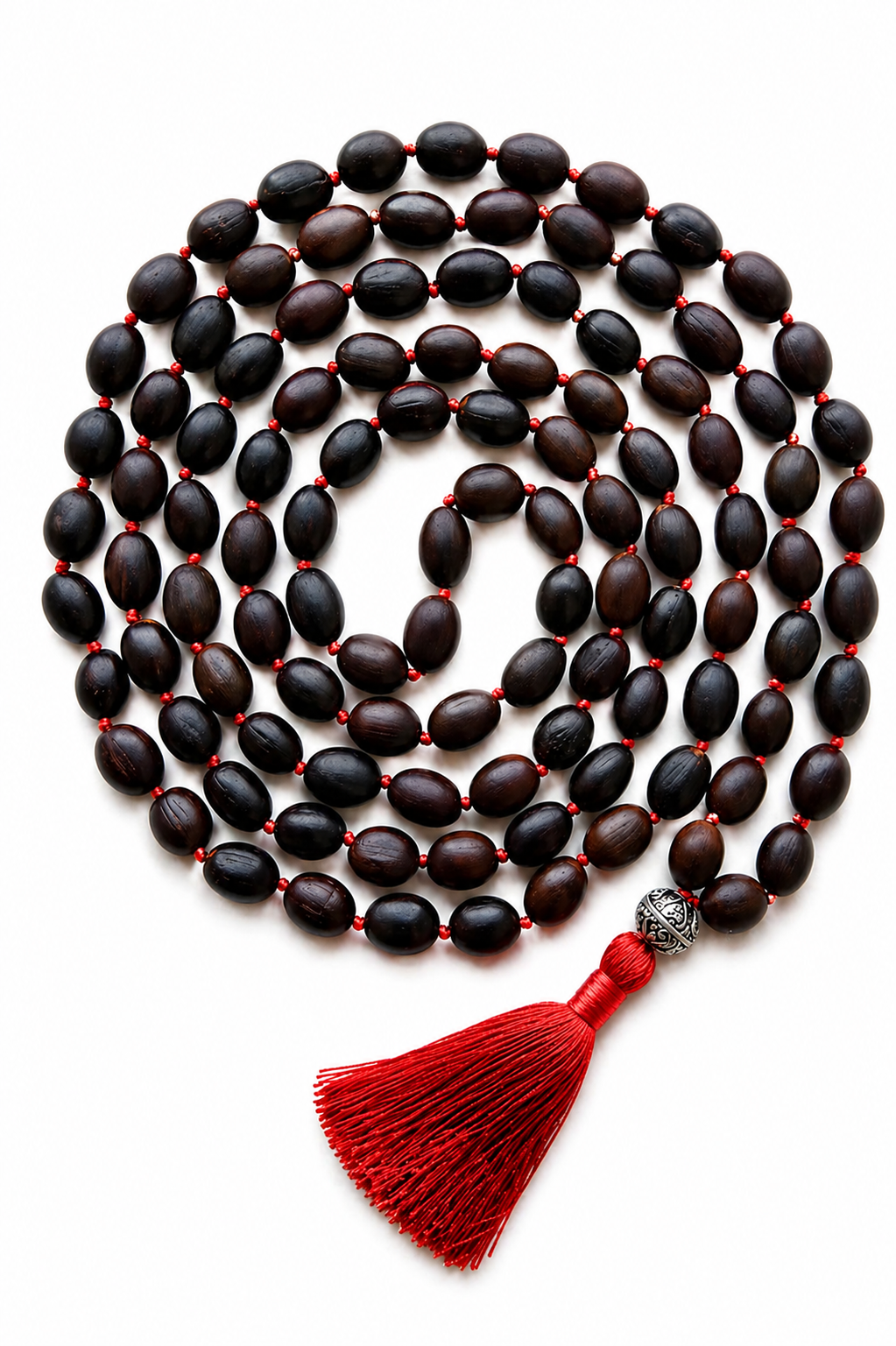 Kamal Gatta mala with 108 dark lotus-seed beads, guru bead, and red tassel