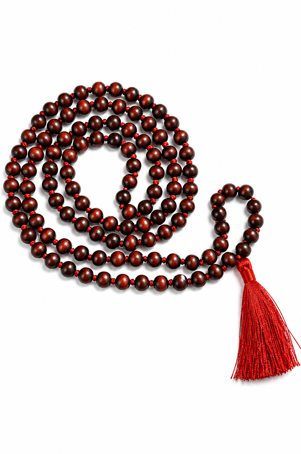 Red sandalwood japa mala with 108 dark red-brown beads and tassel