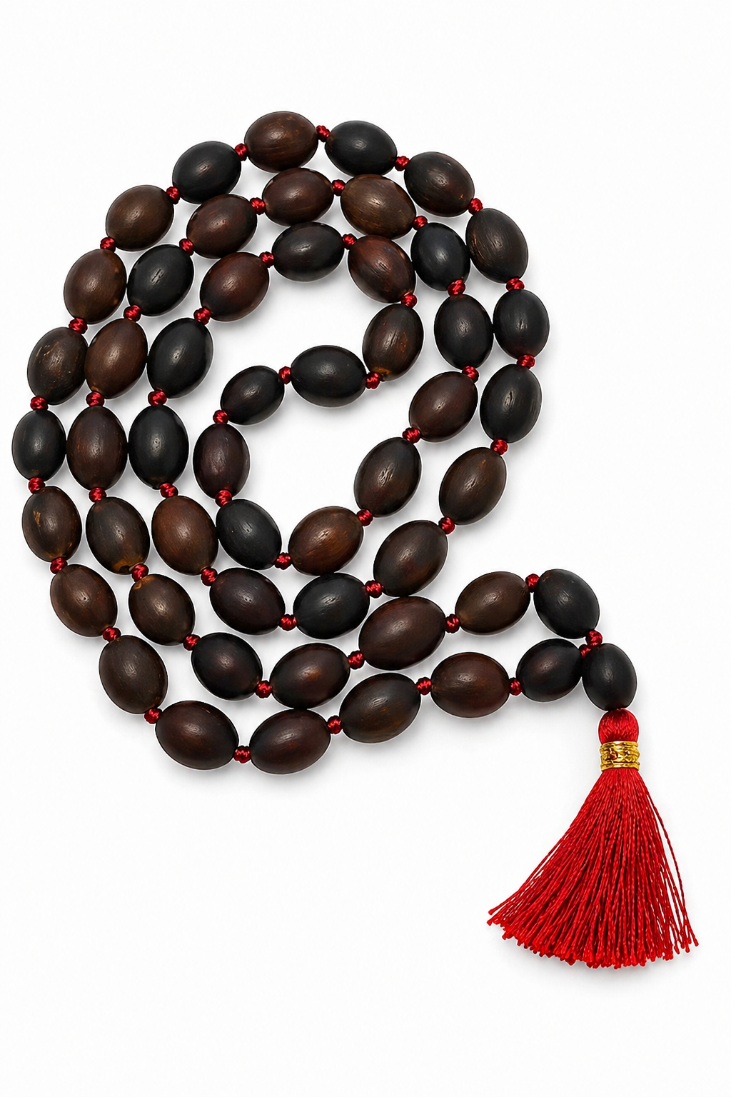 Kamal gatta mala with 54+1 dark oval beads and red tassel for japa meditation