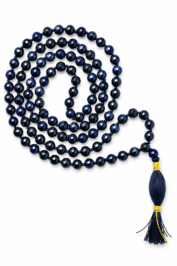 Blue Sunstone Faceted Beads Mala Necklace - 108+1 Natural Knotted Japa Meditation Mala, 8 mm High Quality Gemstone Prayer Beads with Tassel for Yoga, Spiritual Wear & Collection
