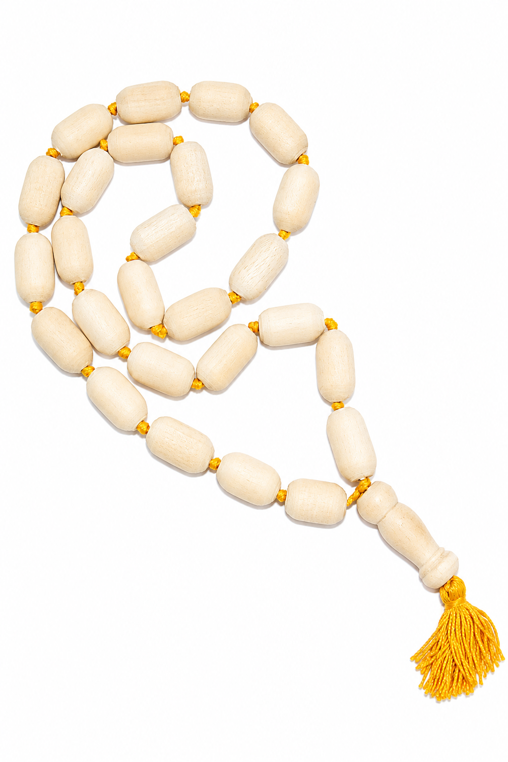 Shriparni wood japa mala with capsule beads and yellow tassel, 27 beads