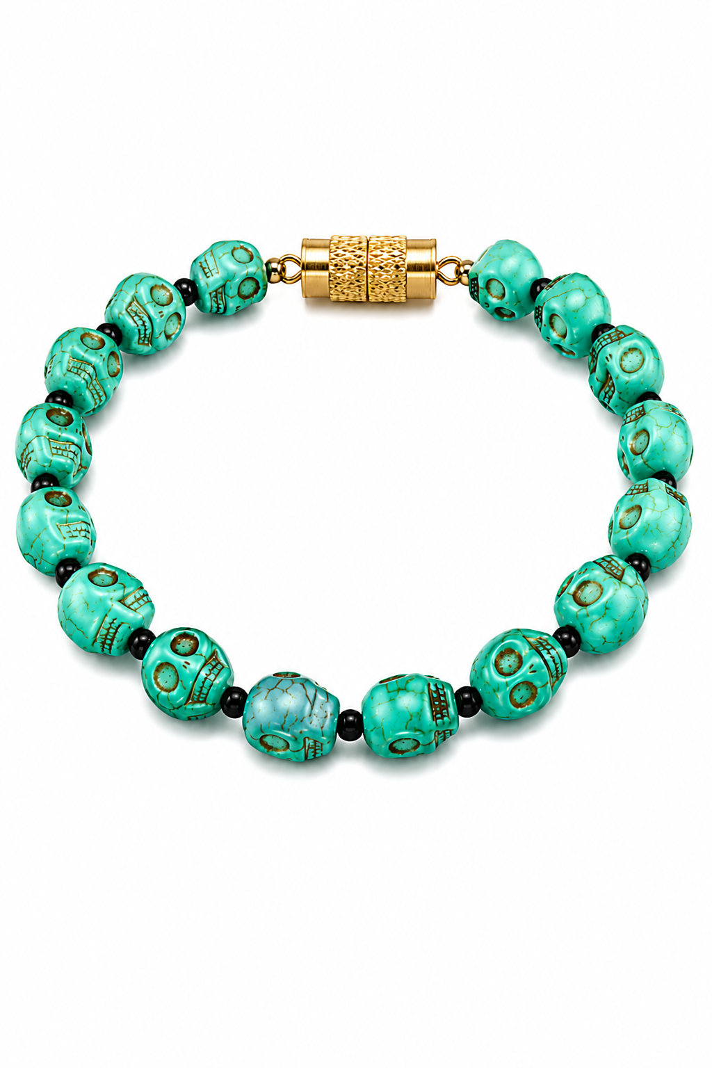 Turquoise skull bead bracelet with gold clasp and skull-shaped bead details