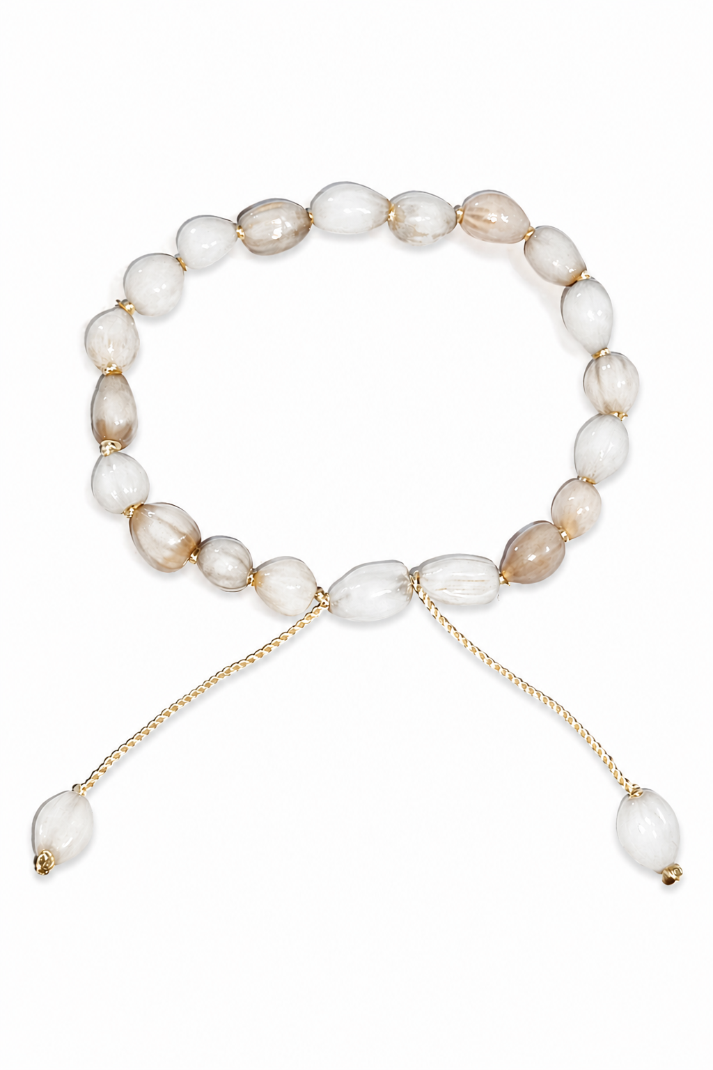 Adjustable sacred hand bead bracelet with light white-gold oval beads and gold cord ties