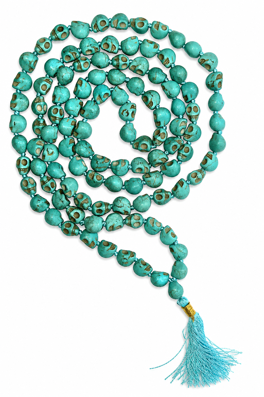 Turquoise stone skull beads mala necklace with gold-tone rings and sky-blue tassel