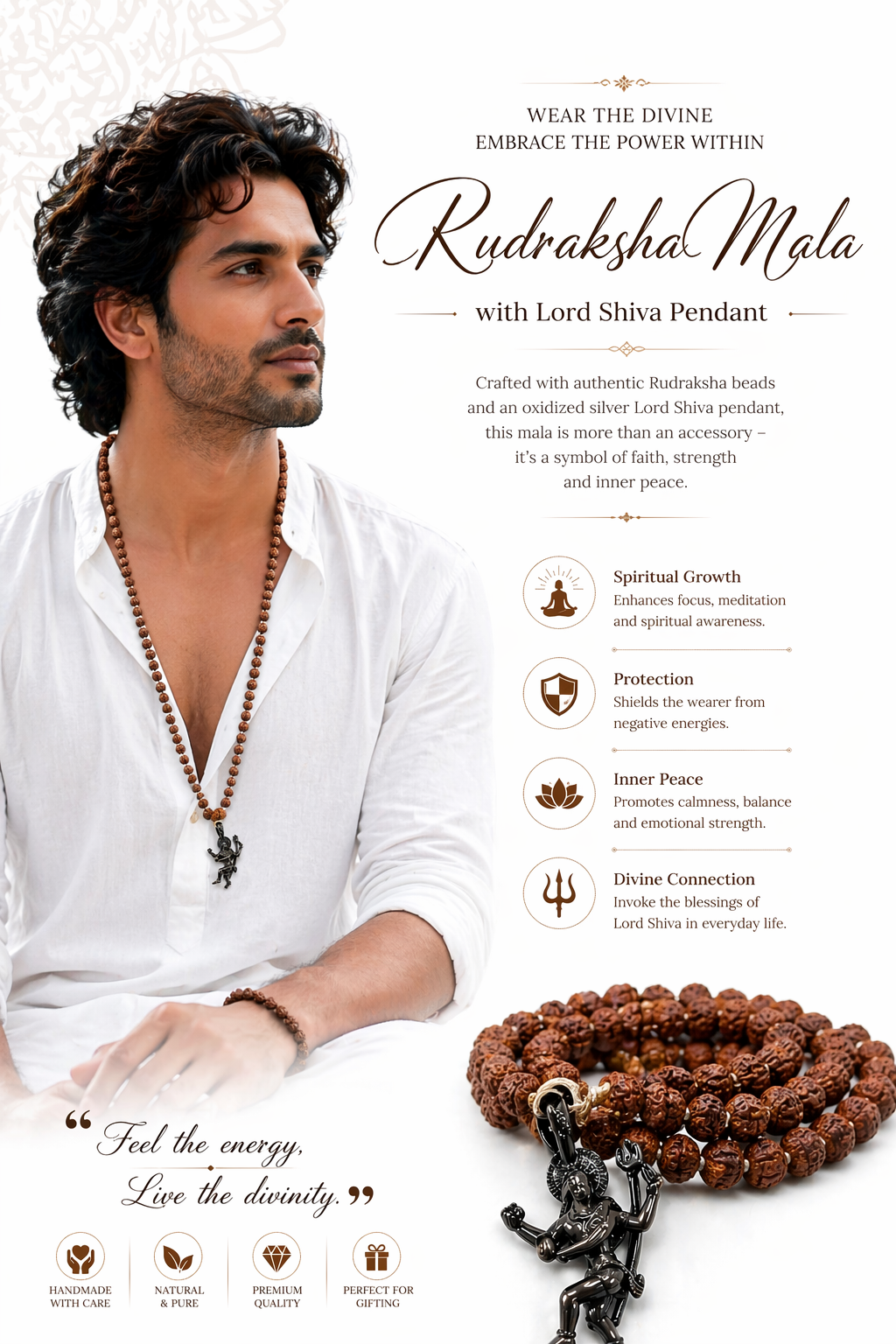 Rudraksha Mala with Lord Shiva Pendant | 8mm Beads | Oxidized Silver