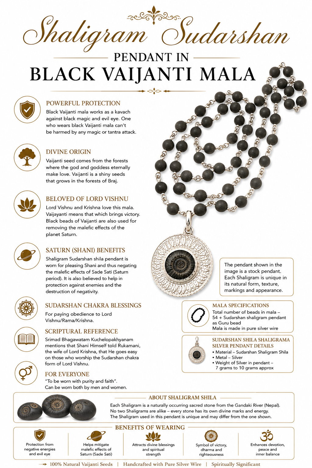 Black Vaijanti mala with silver wire links and large round Shaligram Sudarshan pendant