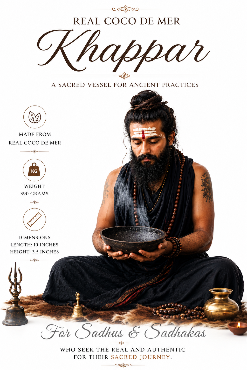 Black coconut-shell ritual bowl held by a seated sadhu in dark robes