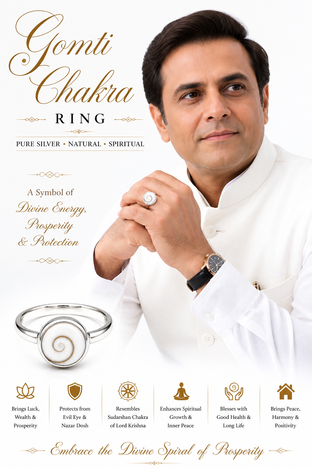 Silberner Ring mit ovalem Cabochon und goldbraunem Gomti-Chakra Spiralmotiv