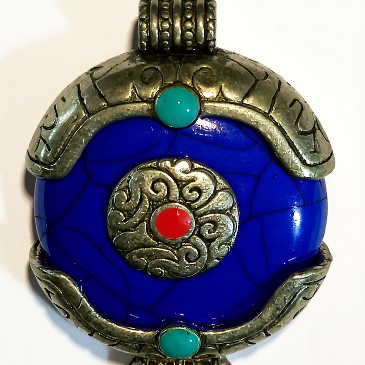 Ethnic Tibetan Blue Resin Ghau Amulet Charm Pendant with Tibetan Silver  Caps, Auspicious Conch symbol Coral bead Inlay Accent