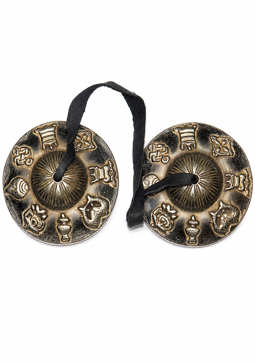 Tibetan tingsha meditation cymbals, two bronze-toned metal bells with carrying strap
