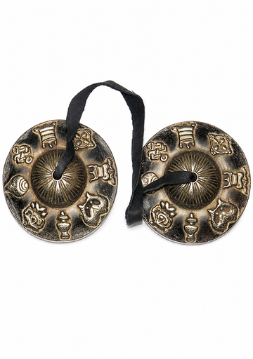 Tibetan tingsha meditation cymbals, two bronze-toned metal bells with carrying strap