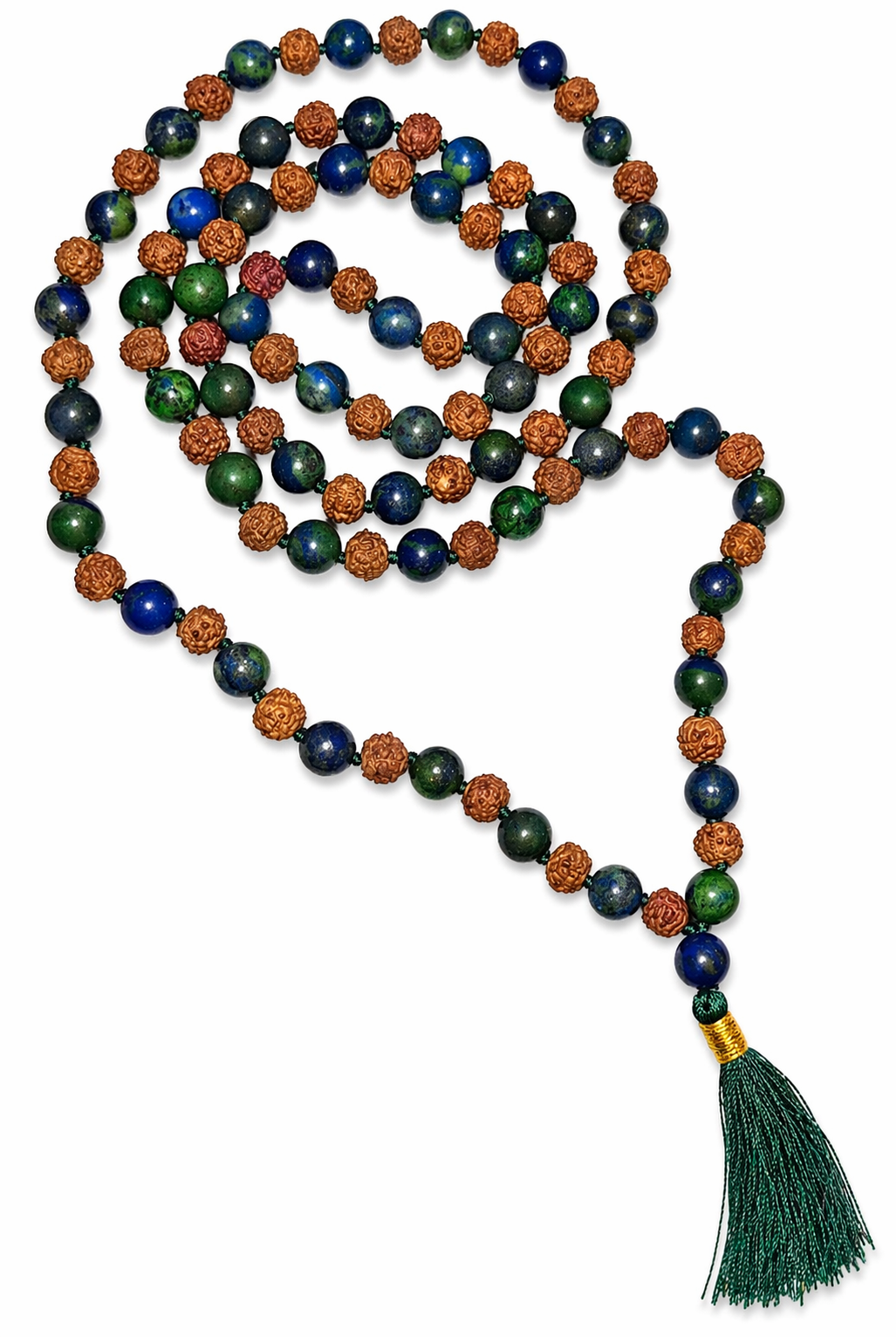 Rudraksha & azurite mala necklace with blue, green beads, brown rudraksha and green tassel