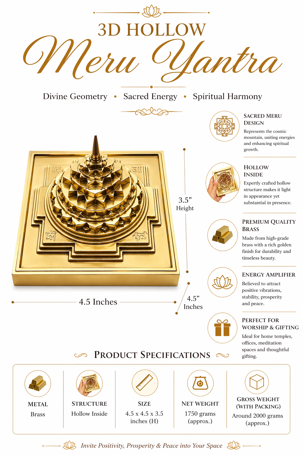 Brass 3D Shree Yantra Maha Meru Hollow Single Piece No Joints
