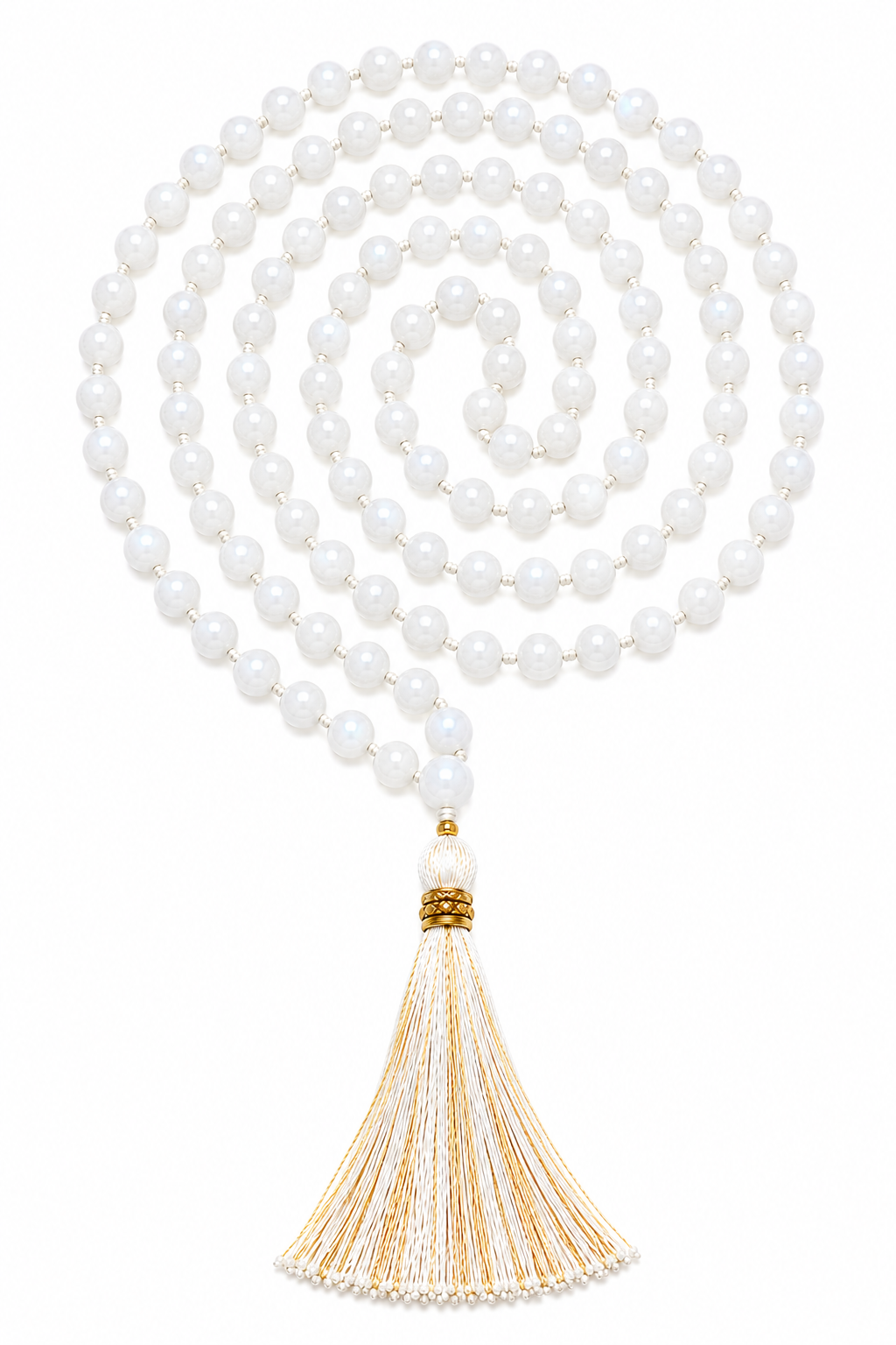 Moonstone mala with 108 white gemstone beads and gold tassel