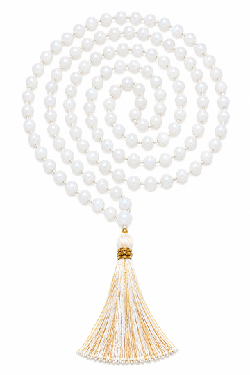 Moonstone mala with 108 white gemstone beads and gold tassel