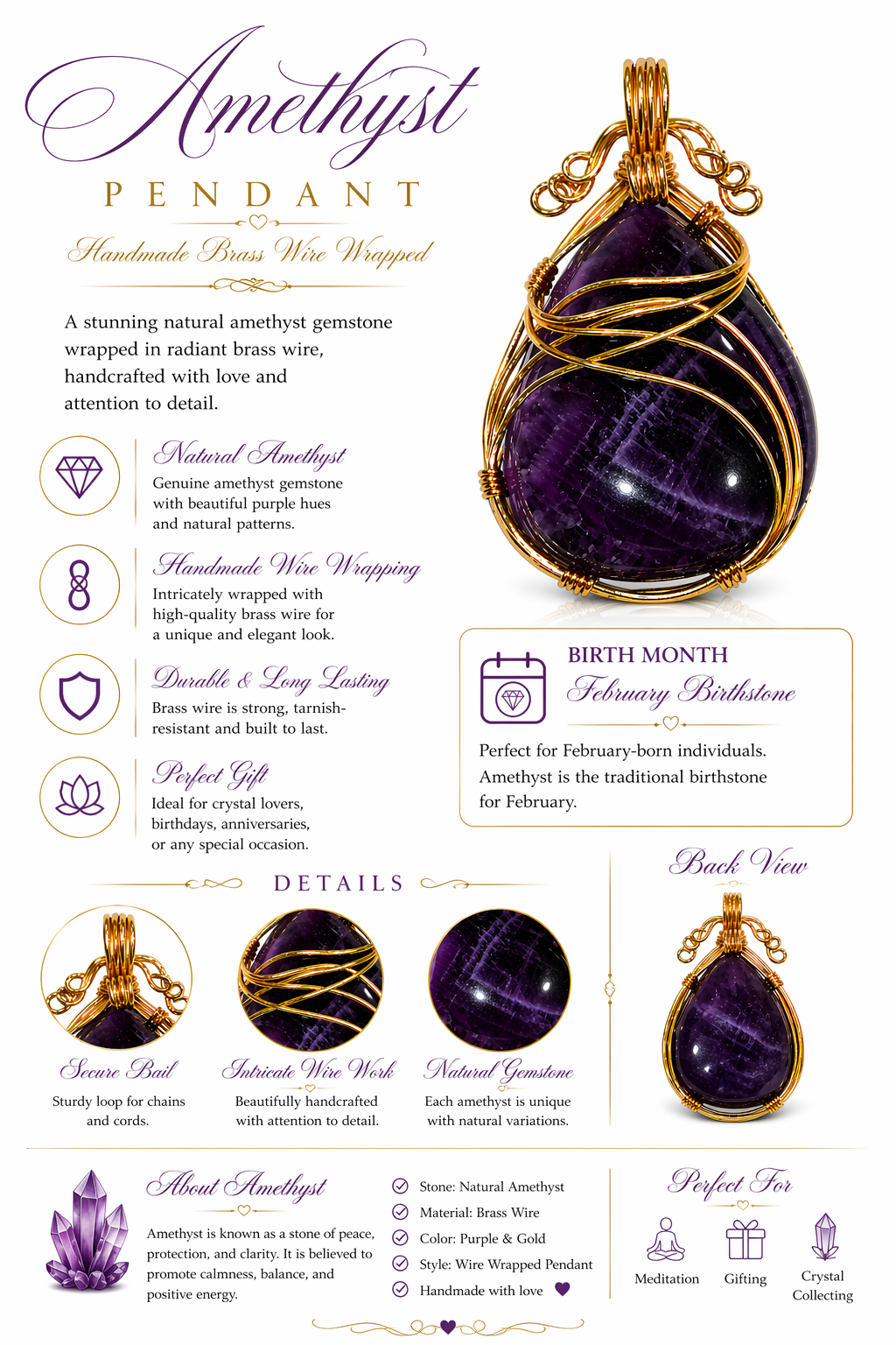 Amethyst teardrop pendant charm in gold-tone wire with purple faceted stone