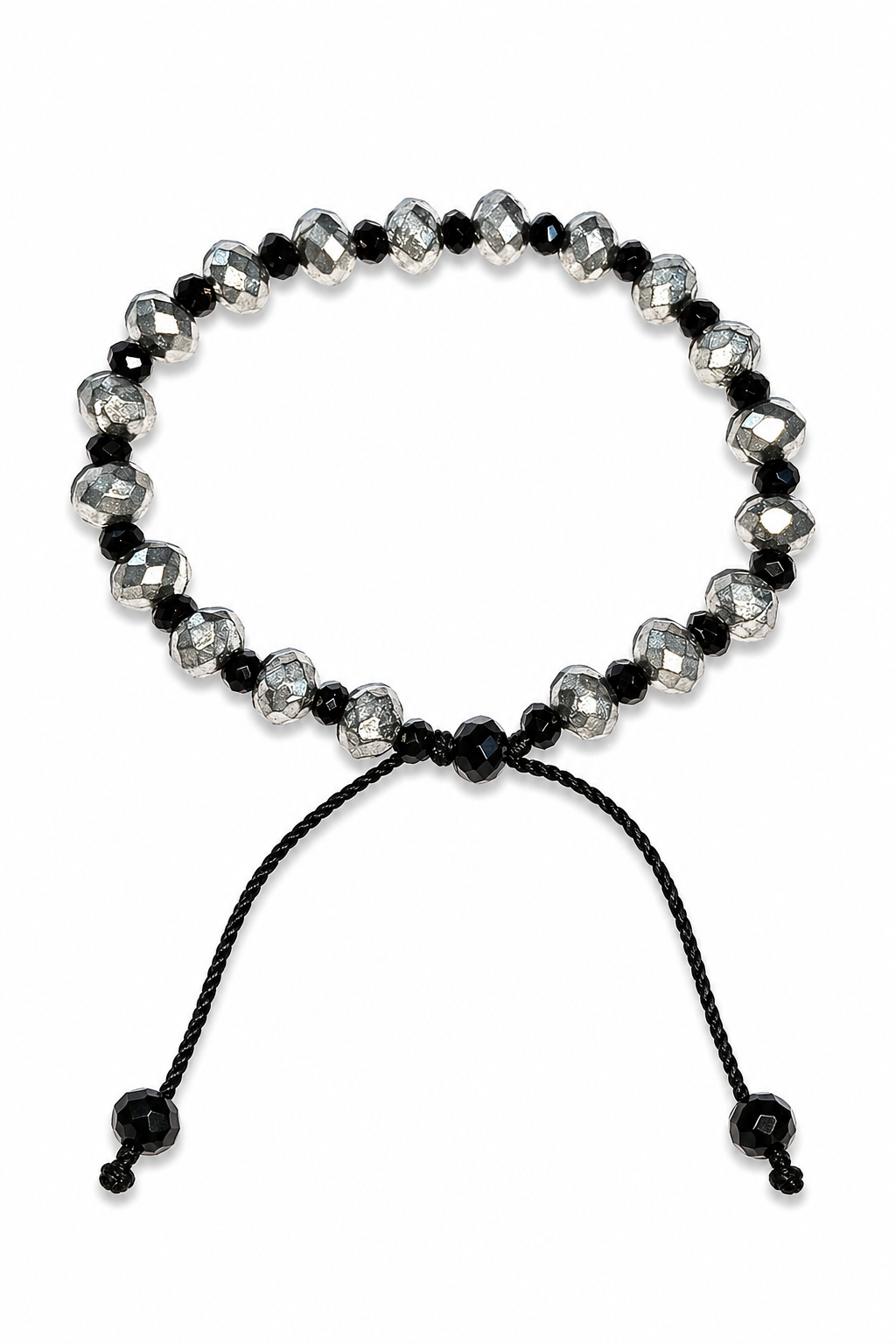 Faceted bead bracelet with black and silver beads and adjustable thread ties