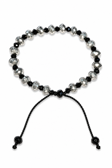 Faceted bead bracelet with black and silver beads and adjustable thread ties
