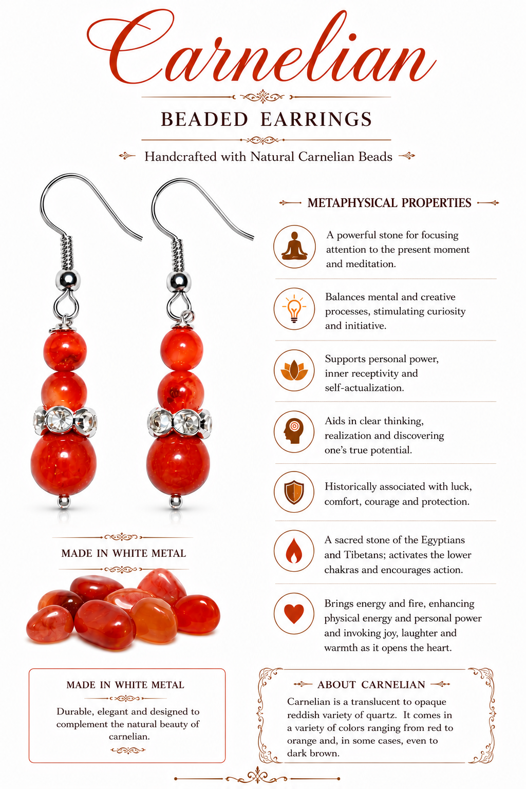 Red carnelian bead drop earrings with crystal cluster, white metal hooks