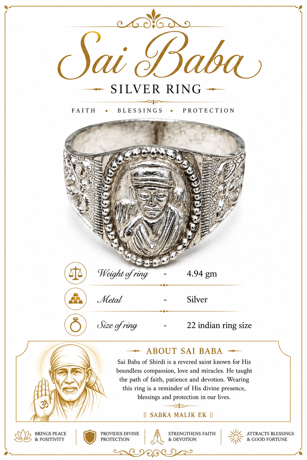 Silver Sai Baba devotional ring with central face medallion and patterned side panels