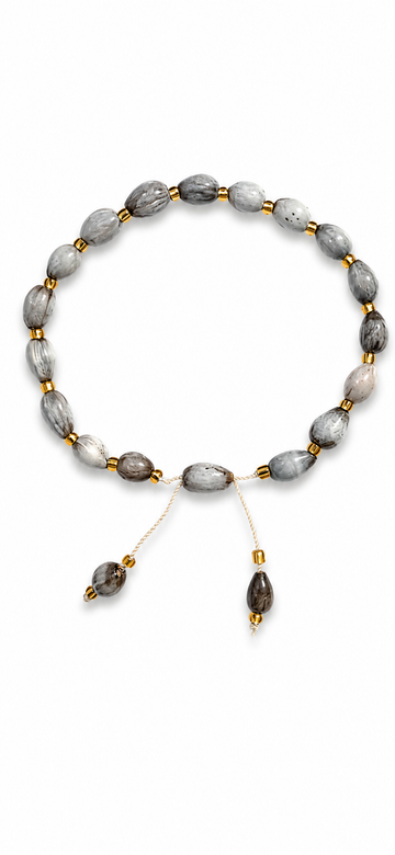 Grey stone bead bracelet, adjustable cord with center clasp and two drops