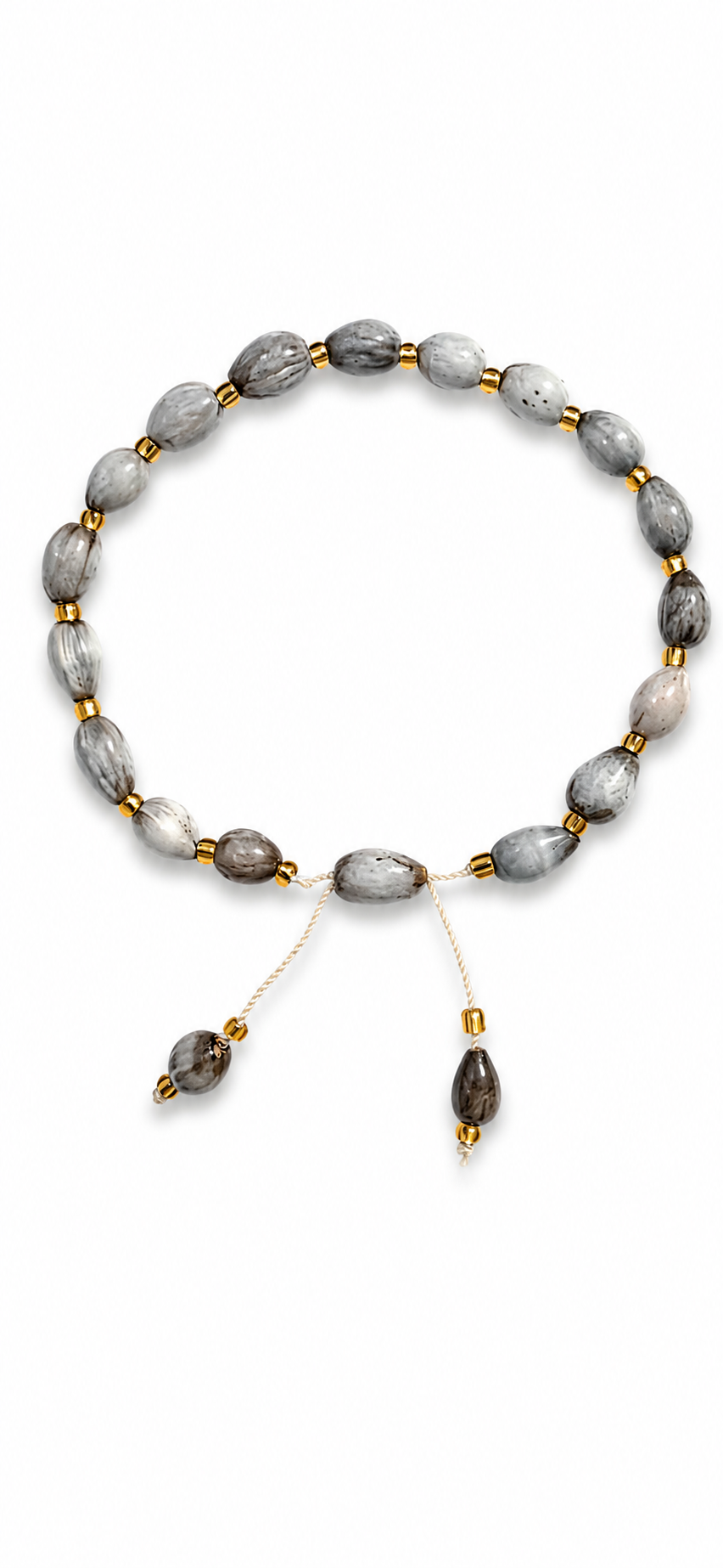 Grey stone bead bracelet, adjustable cord with center clasp and two drops