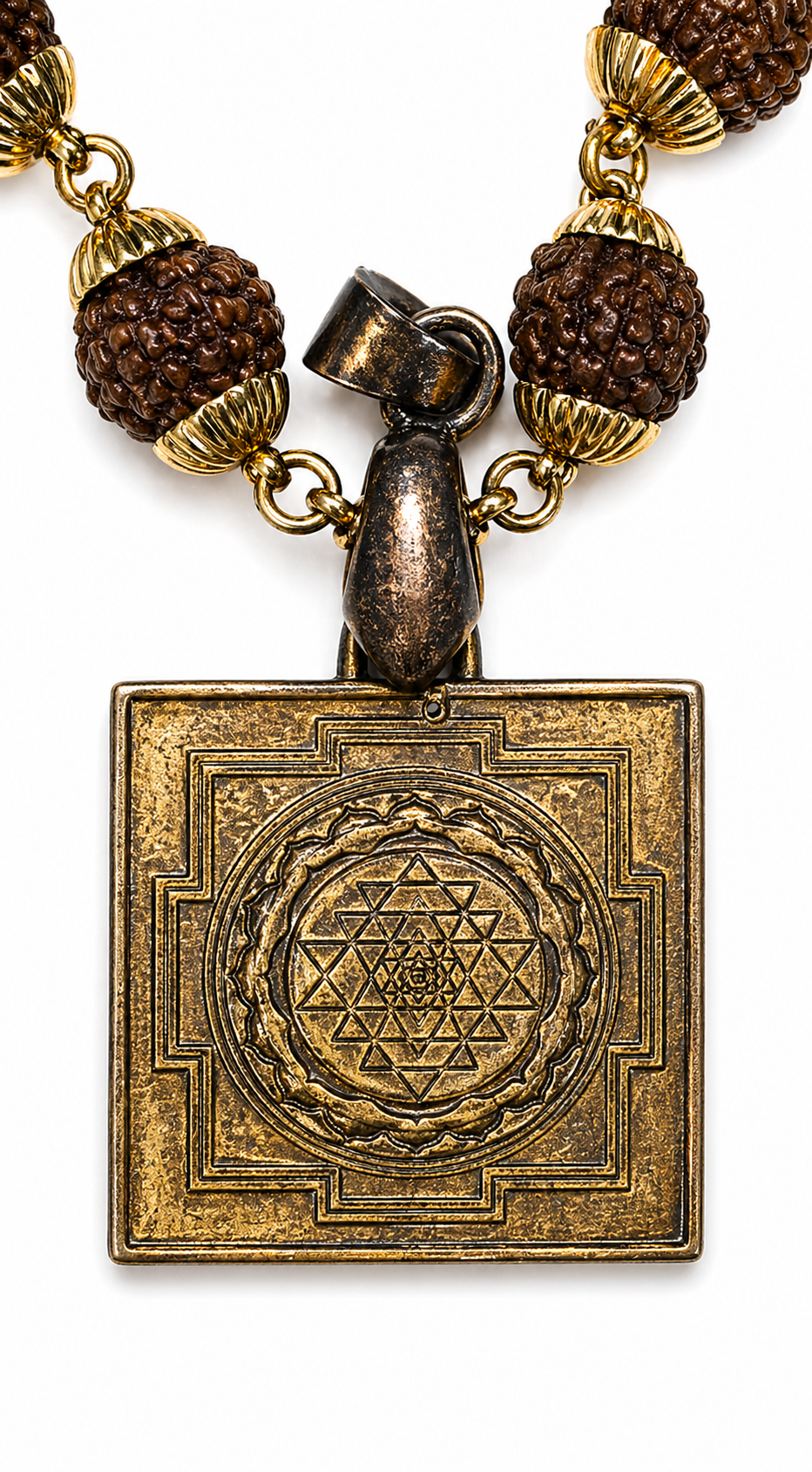 Close-up of dark rudraksha beads with brass ring clasp and square Sri Yantra pendant