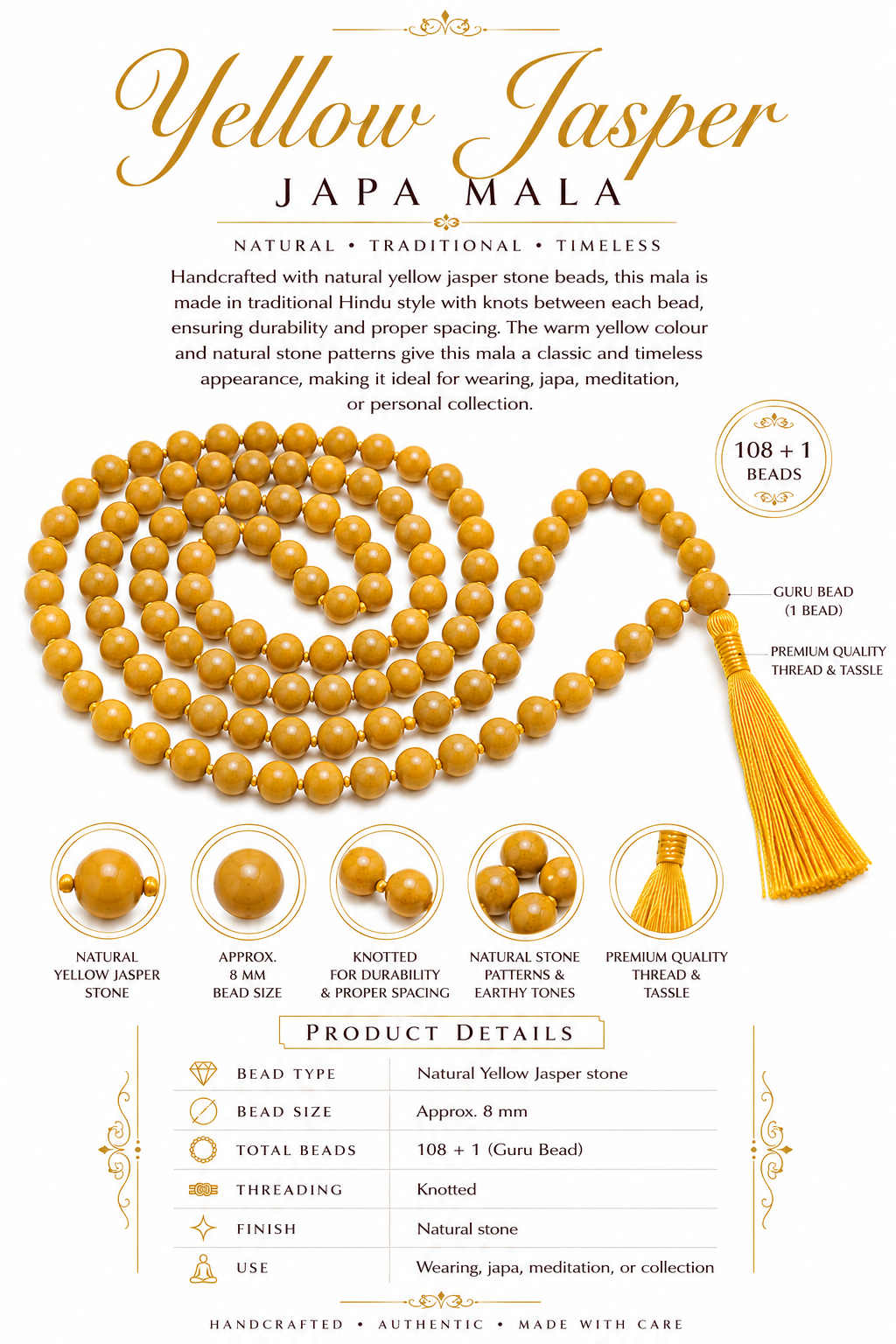 Yellow jasper bead mala necklace with knotted string and tassel