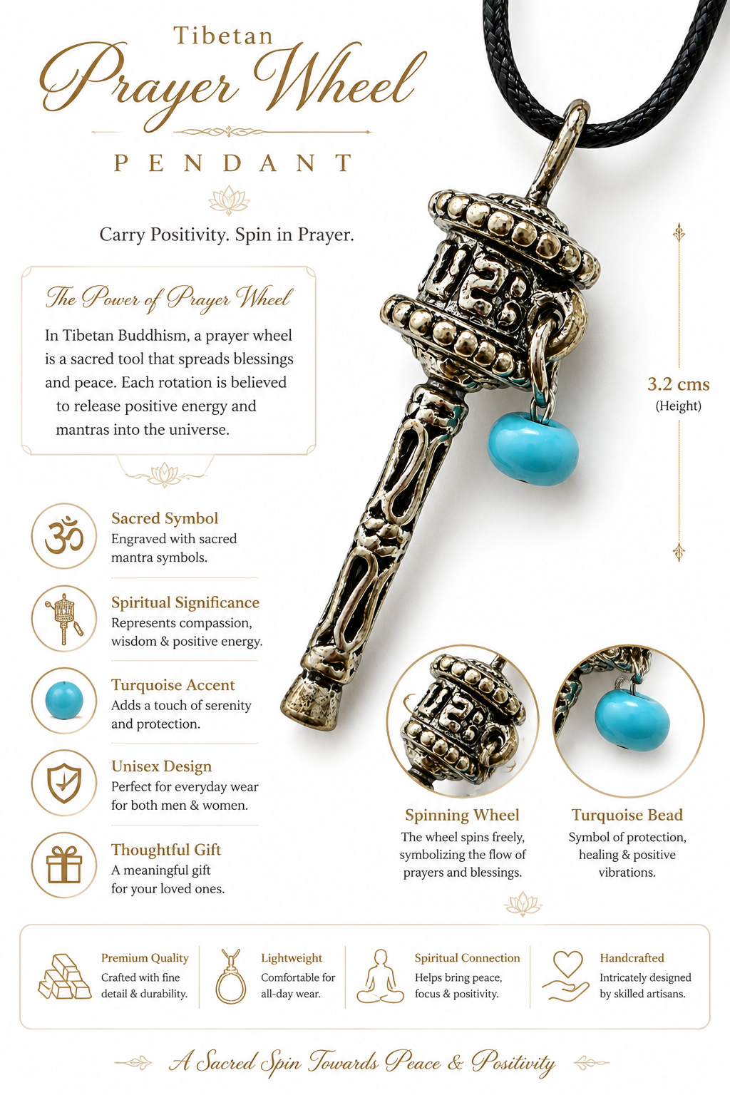 Prayer wheel pendant necklace close-up with turquoise bead on dark cord