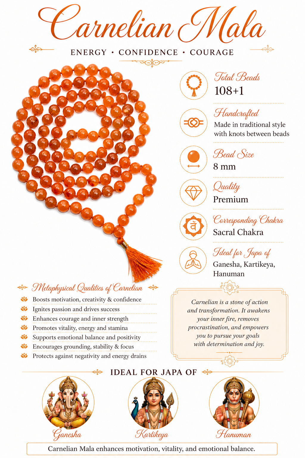 Karneol-Mala mit 108+1 orange Perlen, Quaste und Guru-Perle am Verschluss