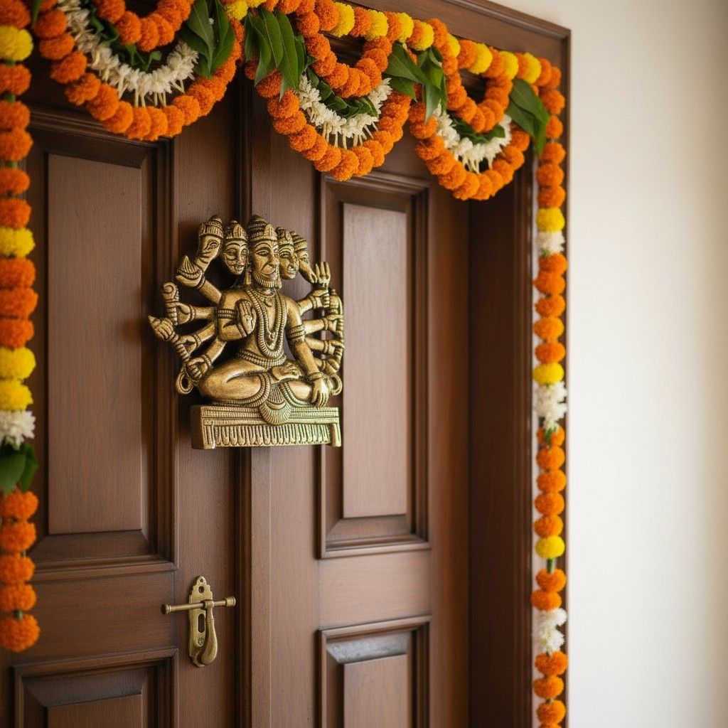 Panchmukhi Hanuman brass wall idol mounted on entrance door