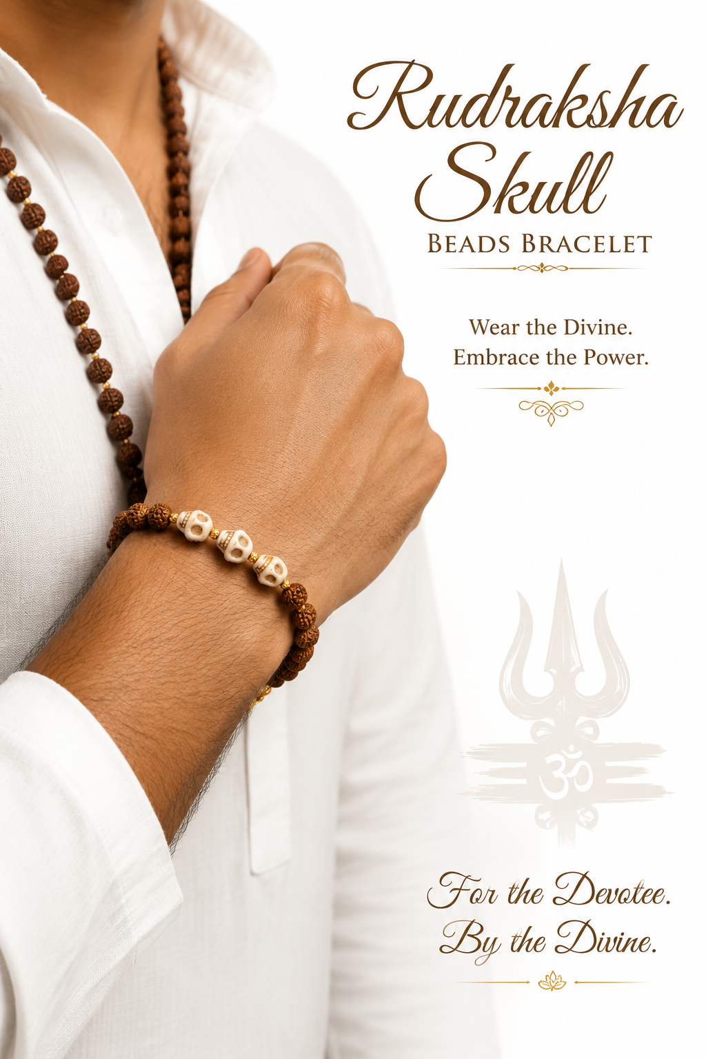 Handcrafted Rudraksha Skull Beads Bracelet | Natural Rudraksha Beads, Howlite Skull Accent Beads, Golden Spacers & Lobster Clasp | 8 Inch Thread Bracelet | DevShoppe