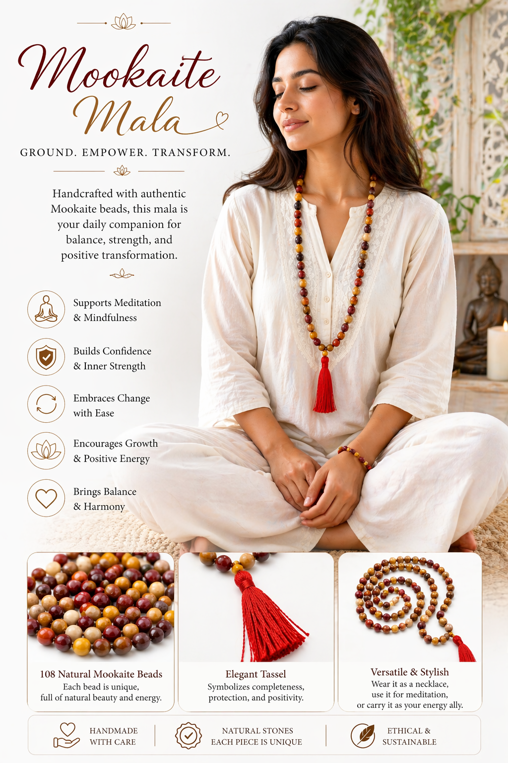 Mookaite mala necklace on model: multicolor beads with red tassel