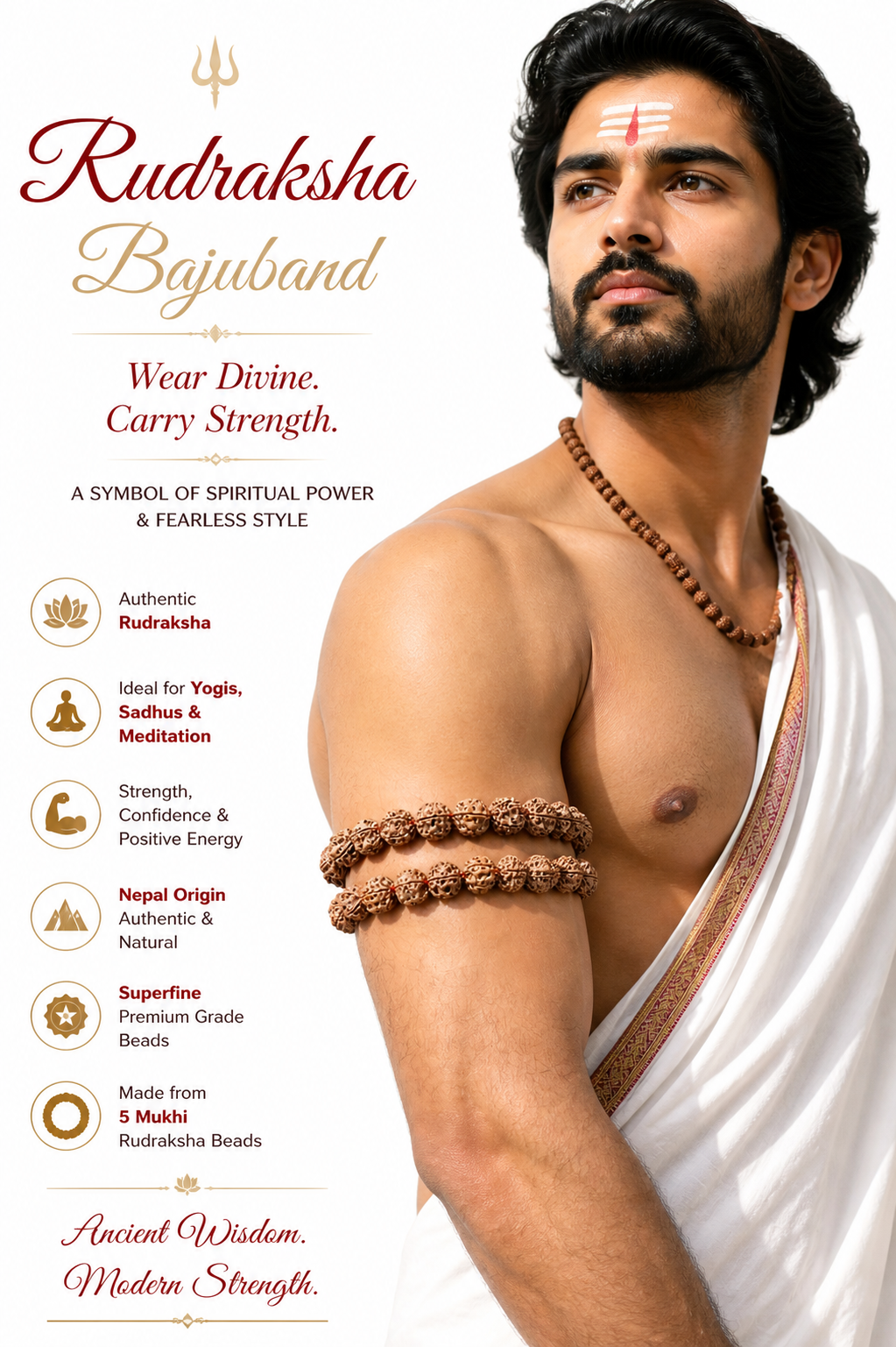 Man wearing rudraksha bajuband on arm: brown 5 Mukhi beads with red cord