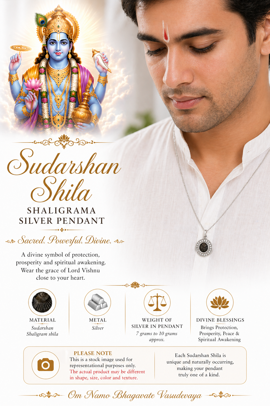 Silver pendant with round filigree rim and dark Shaligram-style center medallion
