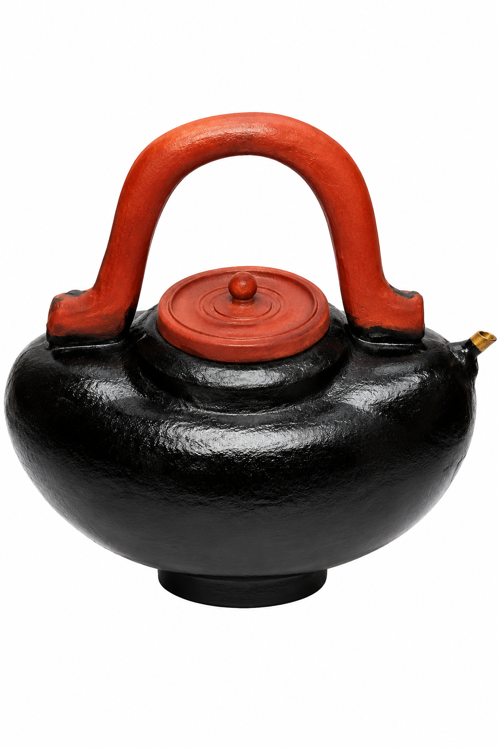 Black fiber kamandal with red lid and curved wooden handle