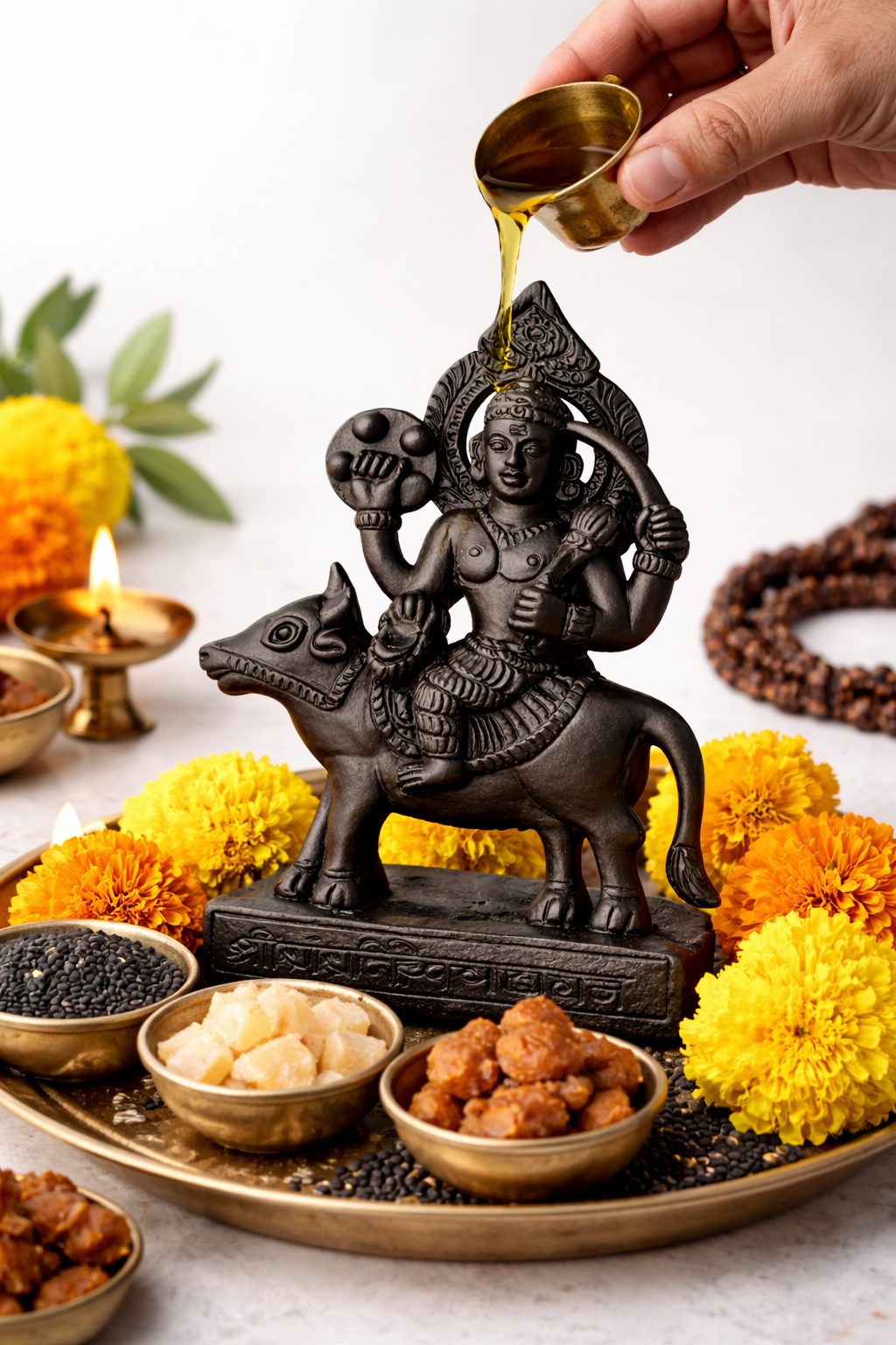 Matte black Shani Dev iron idol statue, seated on horse with engraved base