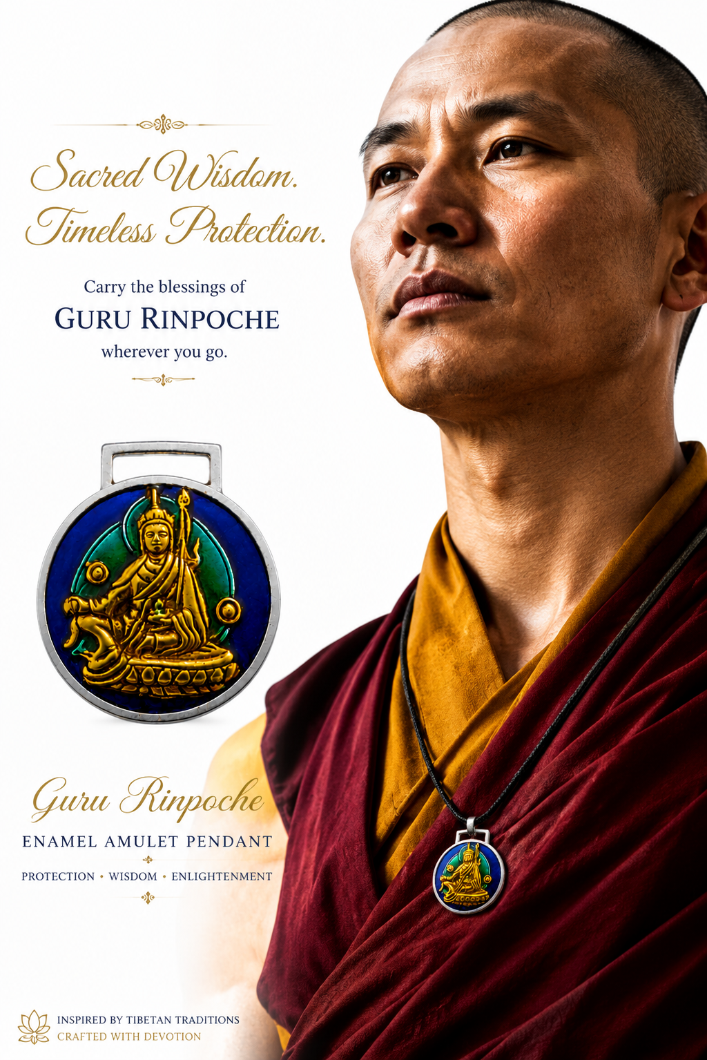 Tibetan Guru Rinpoche Pendant - Sacred Enamel Amulet with Padmasambhava Design, Spiritual Protection & Wisdom Symbol