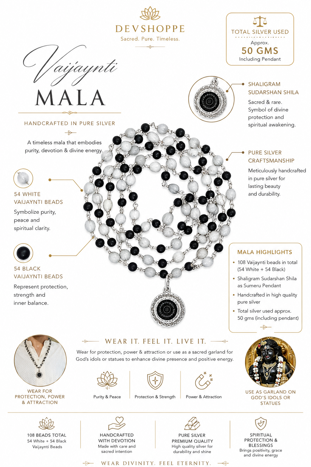 Handcrafted Vaijayanti mala necklace with black and white beads and Shaligram pendant
