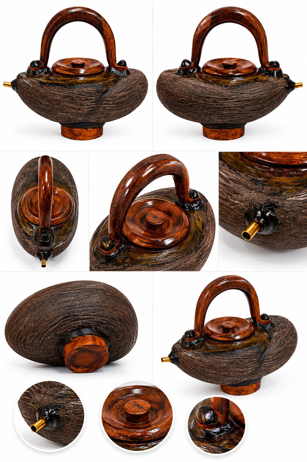 Coco De Mer kamandal water vessel shown from multiple angles, dark brown seed shell.
