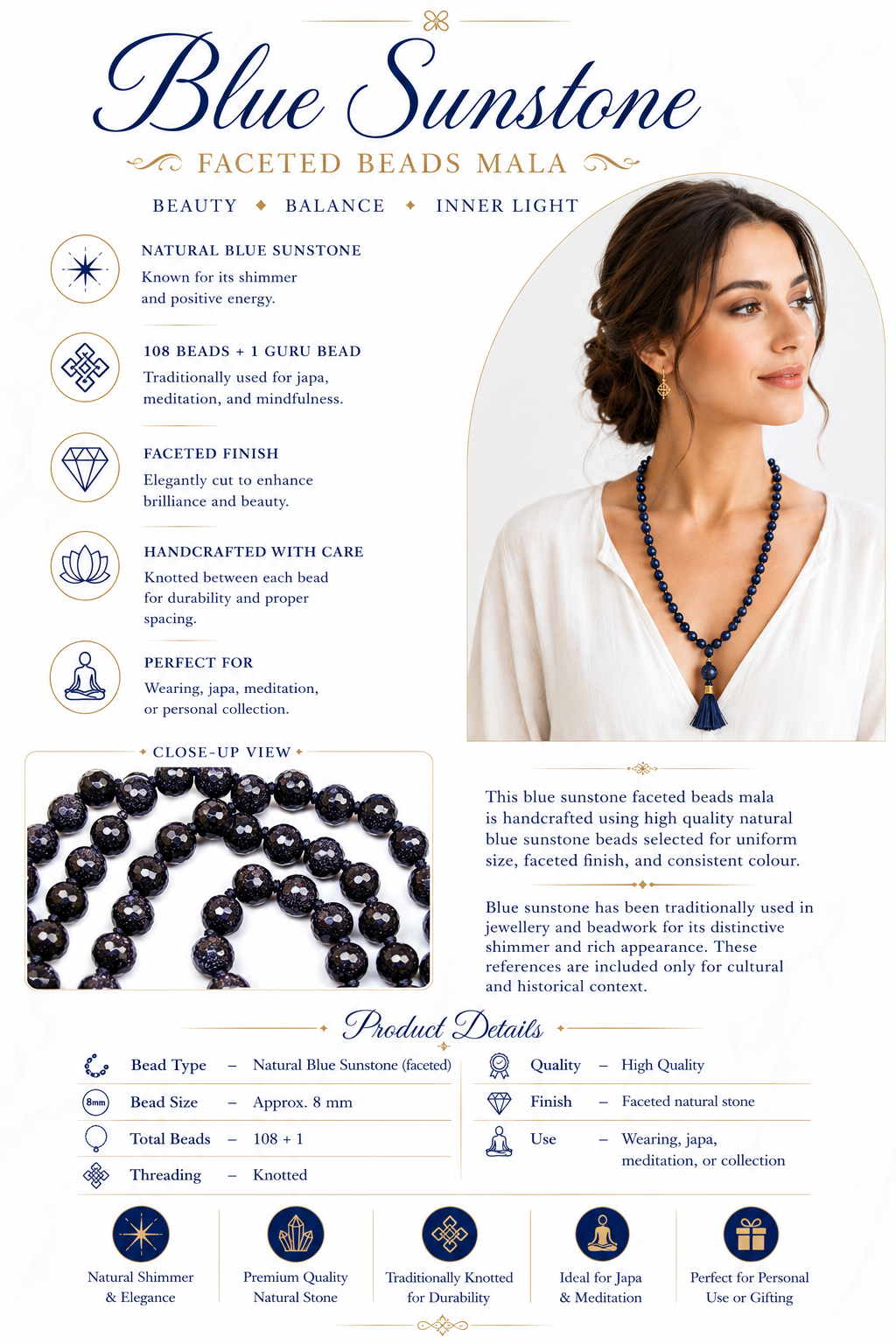 Blue faceted bead mala necklace with tassel and geometric drop pendant