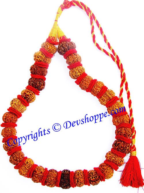 Rudraksha mala with multicolor beads, braided cord, and red tassel