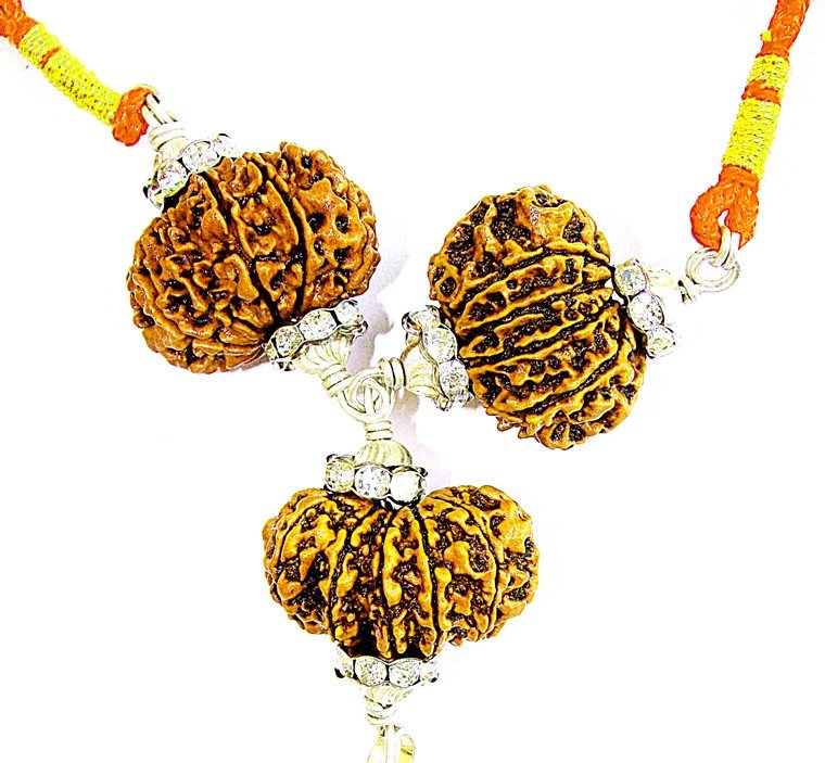 Lord Hanuman Rudraksha pendant with three rudraksha beads on orange thread and silver accents