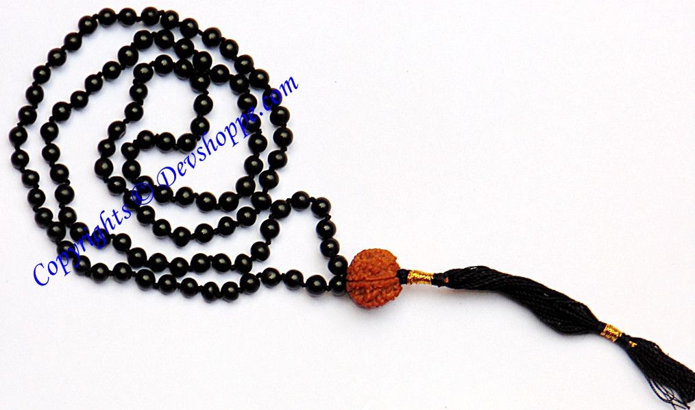 Black agate mala with seven-faceted Rudraksha bead and black tassel