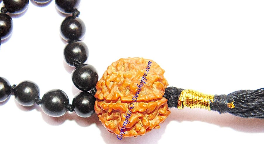Black agate mala with seven-faceted Rudraksha bead and black tassel