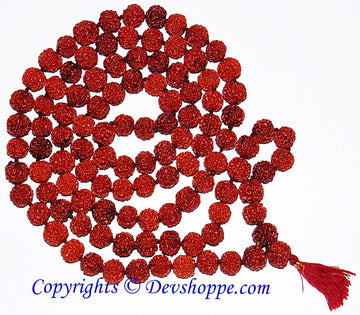 Red 5 mukhi rudraksha beads mala, round textured beads with tassel